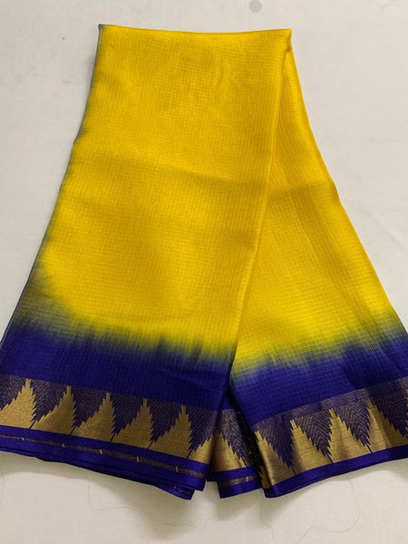 Organza Net Doriya Silk Two Dye Bhagalpuri Temple Border Saree (Canary Yellow & Dark_Blue)