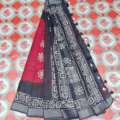 Linen Cotton Blend Handloom Bandhani Dye Batik Print Saree (SLBR_Red & Black) - View 7