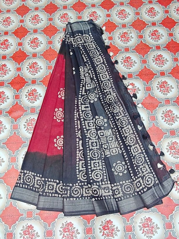 Linen Cotton Blend Handloom Bandhani Dye Batik Print Saree (SLBR_Red & Black) - View 7