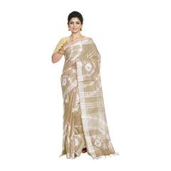 Fallow Brown women's Bhagalpuri Handloom Linen Blend Tie-Dye (Sibory Dye) Saree With Running Unstiched Blouse Piece