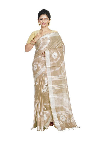 Fallow Brown women's Bhagalpuri Handloom Linen Blend Tie-Dye (Sibory Dye) Saree With Running Unstiched Blouse Piece