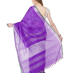 French Violet women's Bhagalpuri Handloom Cotton Linen Blend Saree With Contrast Unstiched Blouse Piece - View 3
