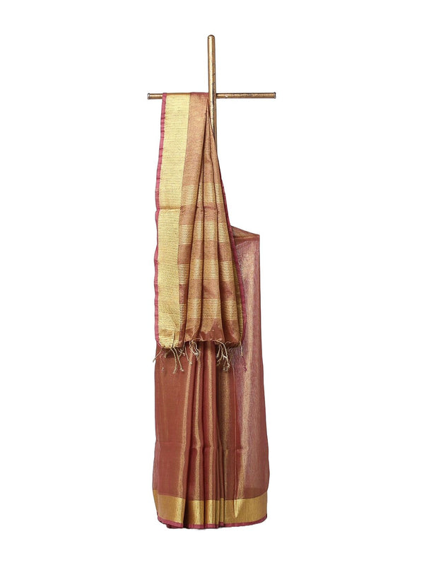 Linen Tissue Handloom Gold Zari Border Bhagalpuri Brown Saree