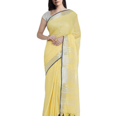 Daisy Yellow women's Bhagalpuri Handloom Cotton Linen Blend Saree With Contrast Unstiched Blouse Piece