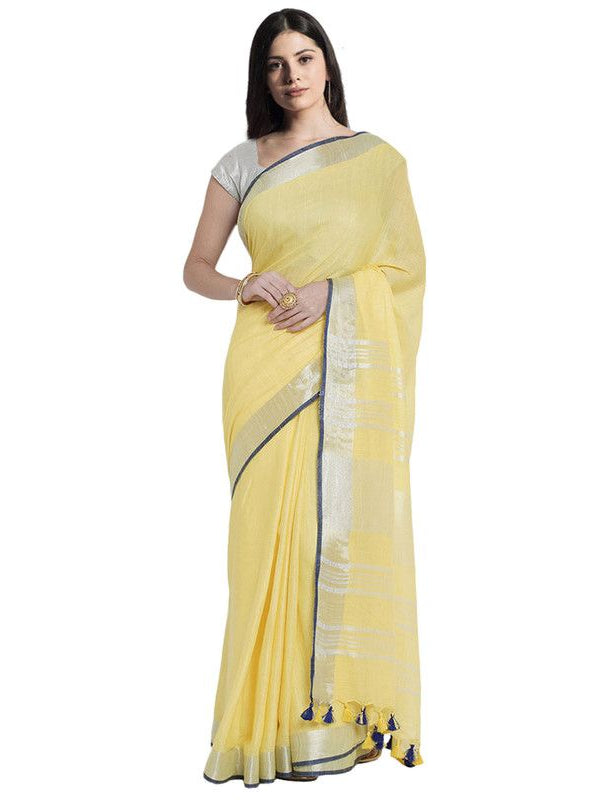 Daisy Yellow women's Bhagalpuri Handloom Cotton Linen Blend Saree With Contrast Unstiched Blouse Piece