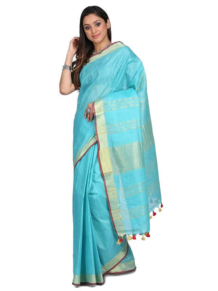 Linen Cotton Blend Contrast Handloom Bhagalpuri Saree for Women (Gold-Cyan-Red ) - View 2