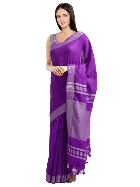 Electric Purple women's Bhagalpuri Handloom Blend Linen-Cotton Saree With Running Unstiched Blouse Piece_Free Size_Variation Of Colors