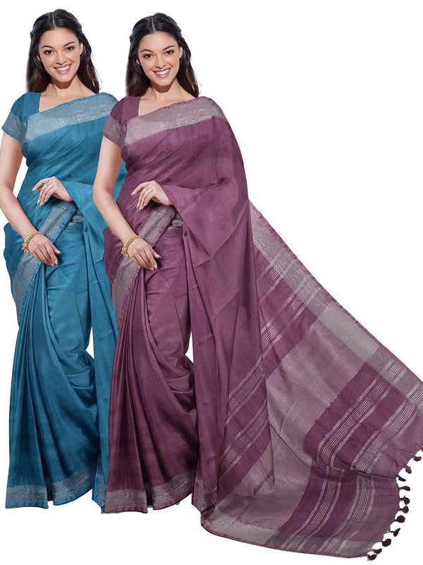 Bhagalpuri Handloom Cotton-Linen Blend Saree Combo (Pack Of 2) With Running Unstiched Blouse Piece