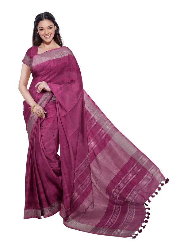 Raspberry Pink women's Bhagalpuri Handloom Linen Blend Saree And Variation Of Colors With Running Unstiched Blouse Piece