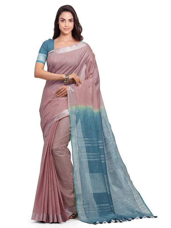 Tumbleweed Tan & Cerulean Blue women's Bhagalpuri Handloom Linen Slub Blend Two Dye Saree With Running Unstitched Blouse Piece - View 2