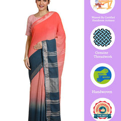 Flame Orange & Cerulean Blue women's Bhagalpuri Handloom Linen Slub Blend Two Dye Saree With Running Unstitched Blouse Piece - View 2