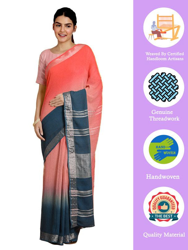 Flame Orange & Cerulean Blue women's Bhagalpuri Handloom Linen Slub Blend Two Dye Saree With Running Unstitched Blouse Piece - View 2