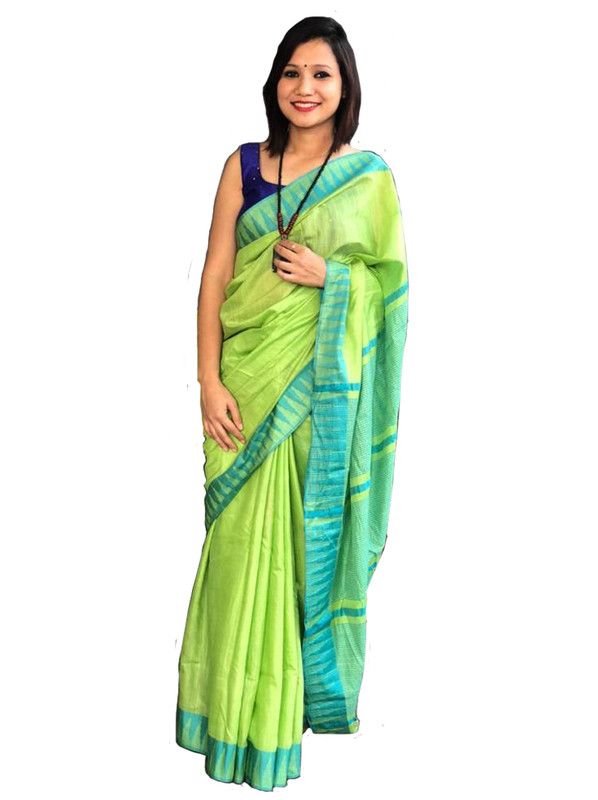Bhagalpuri Handloom Kota Silk Temple Border Saree And Variation Of Colors With Striped Blouse Piece - View 8
