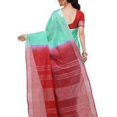 Aquamarine Turquoise & Red women's Bhagalpuri Handloom Linen Slub Blend Two Dye Saree With Running Unstitched Blouse Piece - View 4