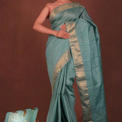 Handloom Silk Bhagalpuri Striped Sequins Turquoise Saree - View 6