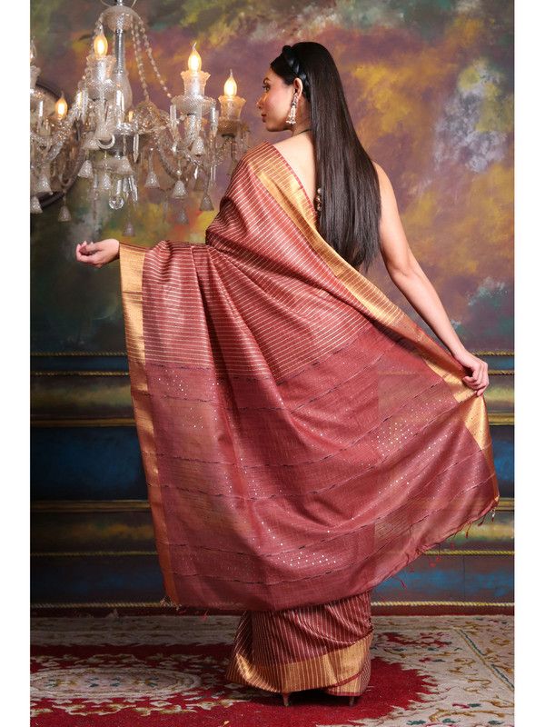 Cotton Silk Striped Sequin Pallu Handloom Saree (Maroon_Red) - View 3