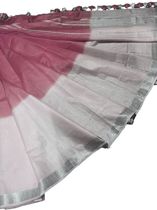 Puce Pink women's Bhagalpuri Linen-Slub Blend Two Dye Saree With Blouse Piece