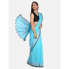 Handloom Linen Cotton Blend Contrast Bhagalpuri Saree for Women (Cyan-Black) - View 2