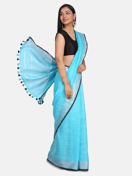 Handloom Linen Cotton Blend Contrast Bhagalpuri Saree for Women (Cyan-Black) - View 2