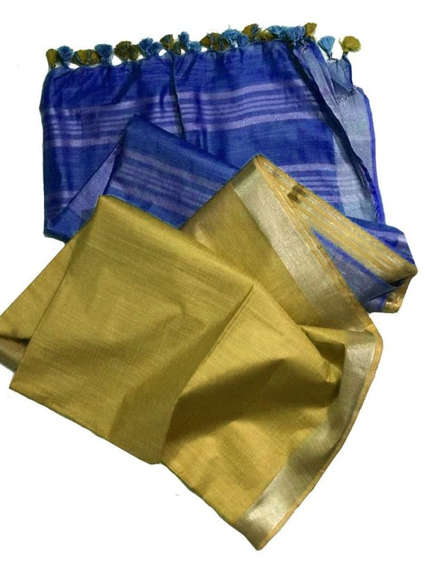 Duke Blue & Equator Tan women's Ethnic Wear Bhagalpuri Handloom Cotton Slub Blend Two Dye Saree With Running Unstitched Blouse Piece - View 2