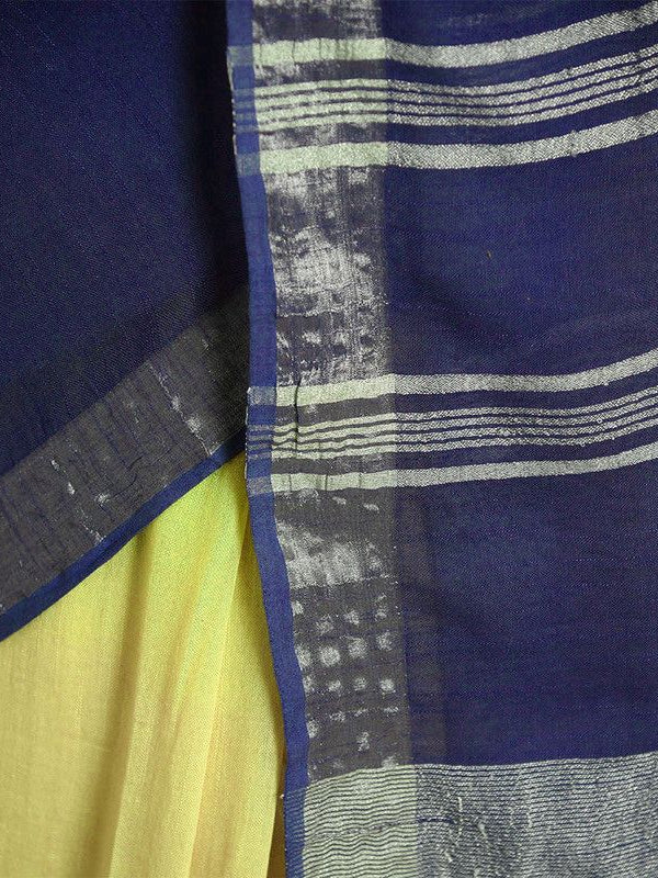 Chartreuse Yellow & Federal Blue women's Bhagalpuri Handloom Linen Cotton Blend Two Dye Saree With Running Unstitched Blouse Piece - View 2