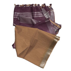 Cordovan Brown & Fallow Brown women's Ethnic Wear Bhagalpuri Handloom Cotton Slub Blend Two Dye Saree With Running Unstitched Blouse Piece