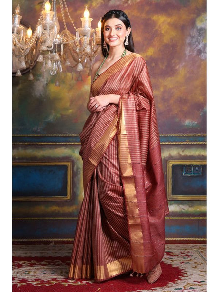 Cotton Silk Striped Sequin Pallu Handloom Saree (Maroon_Red)
