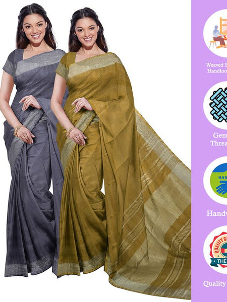 Grey & Olive Green women's Bhagalpuri Handloom Cotton-Linen Blend Saree Combo (Pack Of 2) With Running Unstiched Blouse Piece - View 2