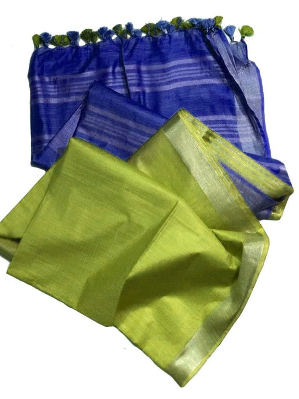 Duke Blue & Parrot Green women's Ethnic Wear Bhagalpuri Handloom Cotton Slub Blend Two Dye Saree With Running Unstitched Blouse Piece - View 3