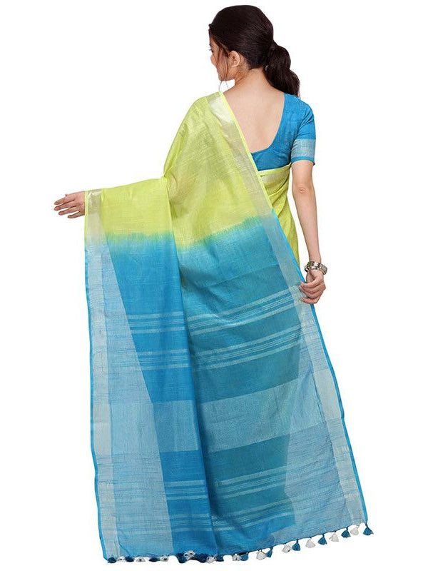 Chartreuse Yellow & Capri Cyan women's Bhagalpuri Handloom Linen Cotton Blend Two Dye Saree With Running Unstitched Blouse Piece - View 4