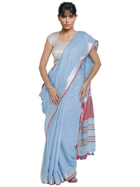 Powder Blue-Pink women's Bhagalpuri Handloom Cotton Linen Blend Contrast Pallu Saree And Unstitched Contrast Blouse Piece