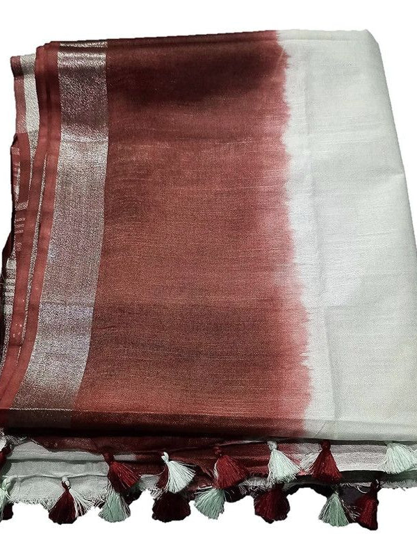 Umber Brown women's Handloom Bhagalpuri Linen Cotton Slub Blend Two Sided Two Dye Saree Running Unstitched Blouse Piece - View 3