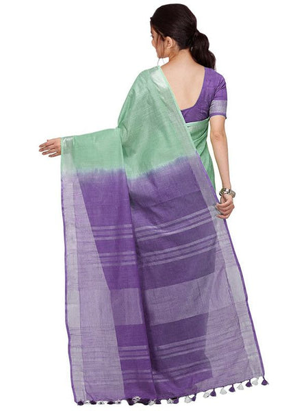 Mint Green & Amethyst Purple women's Handloom Bhagalpuri Cotton Slub Blend Two Dye Saree With Running Unstitched Blouse Piece - View 4