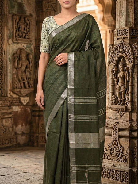 Handwoven Linen Blend Saree With Running Blouse Piece(Mehendi Green) - View 3
