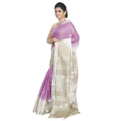 Mauve Purple & Yuma Tan women's Bhagalpuri Handloom Cotton Linen Slub Blend Tie Two Dye (Sibory Two Dye) Saree With Running Unstitched Blouse Piece - View 3