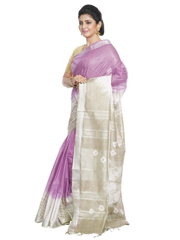 Mauve Purple & Yuma Tan women's Bhagalpuri Handloom Cotton Linen Slub Blend Tie Two Dye (Sibory Two Dye) Saree With Running Unstitched Blouse Piece - View 3