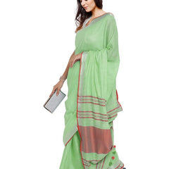 Light Green-Red women's Bhagalpuri Handloom Cotton Linen Blend Contrast Pallu Saree And Unstitched Contrast Blouse Piece - View 3