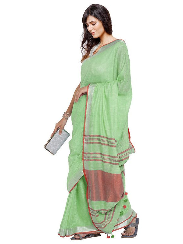 Light Green-Red women's Bhagalpuri Handloom Cotton Linen Blend Contrast Pallu Saree And Unstitched Contrast Blouse Piece - View 3