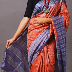 Bhagalpuri Semi Tussar Silk Striped Two Dye Saree (Rough_Orange & Martinie_Blue) - View 4