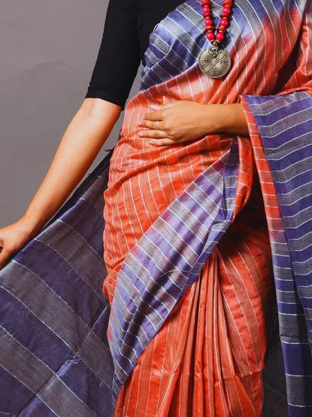Bhagalpuri Semi Tussar Silk Striped Two Dye Saree (Rough_Orange & Martinie_Blue) - View 4