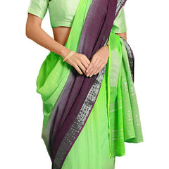 Neon Green & Byzantium Purple women's Bhagalpuri Handloom Linen Slub Blend Two Dye Saree With Running Unstitched Blouse Piece - View 5