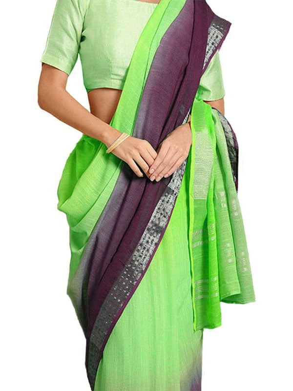 Neon Green & Byzantium Purple women's Bhagalpuri Handloom Linen Slub Blend Two Dye Saree With Running Unstitched Blouse Piece - View 5