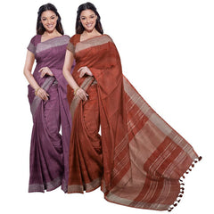 Quinacridone Magenta & Sienna Orange women's Bhagalpuri Handloom Cotton-Linen Blend Saree Combo (Pack Of 2) With Running Unstiched Blouse Piece