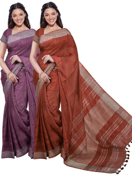 Quinacridone Magenta & Sienna Orange women's Bhagalpuri Handloom Cotton-Linen Blend Saree Combo (Pack Of 2) With Running Unstiched Blouse Piece