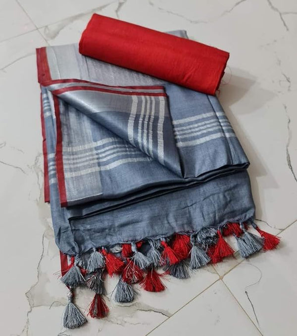 Handloom Bhagalpuri Linen Cotton Blend Contrast Border Saree for Women (12633 Grey-Red)
