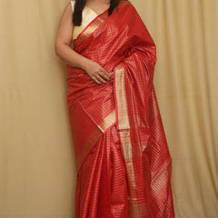 Linen Blend Handloom Bhagalpuri Check Saree with Gold Zari Border