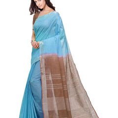 Cyan & Brown women's Bhagalpuri Handloom Linen Slub Blend Two Dye Saree With Running Unstitched Blouse Piece - View 2