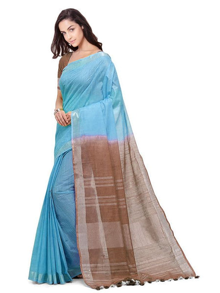 Cyan & Brown women's Bhagalpuri Handloom Linen Slub Blend Two Dye Saree With Running Unstitched Blouse Piece - View 2