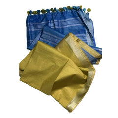 Denim Blue & Manz Yellow women's Ethnic Wear Bhagalpuri Handloom Cotton Slub Blend Two Dye Saree With Running Unstitched Blouse Piece