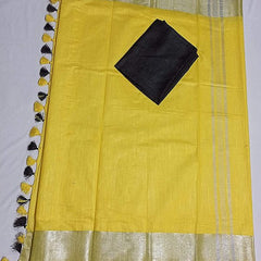 Yellow Bhagalpuri Handloom women's Linen Slub Blend Saree With Black Pipin Contrast Blouse Piece - View 3